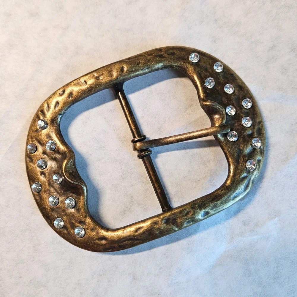 Vintage Handmade Hammered Solid Brass Rhinestone Belt Buckle Western Boho